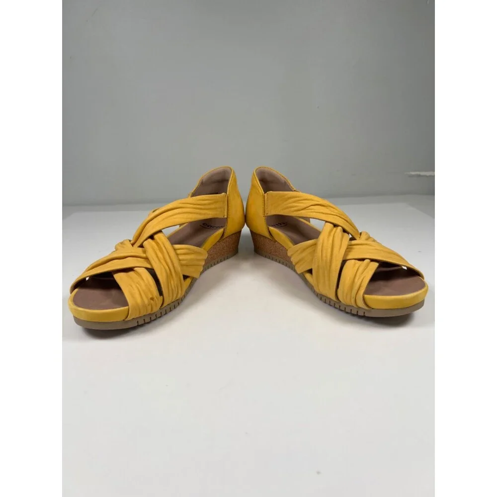 Earth Women's Yellow Ficus Gemini Suede Cross Strap Low Wedge Sandals - 9